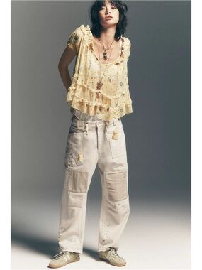 Free People We The Free Moxie Pull-On Barrel Jeans Cream White Paint 27